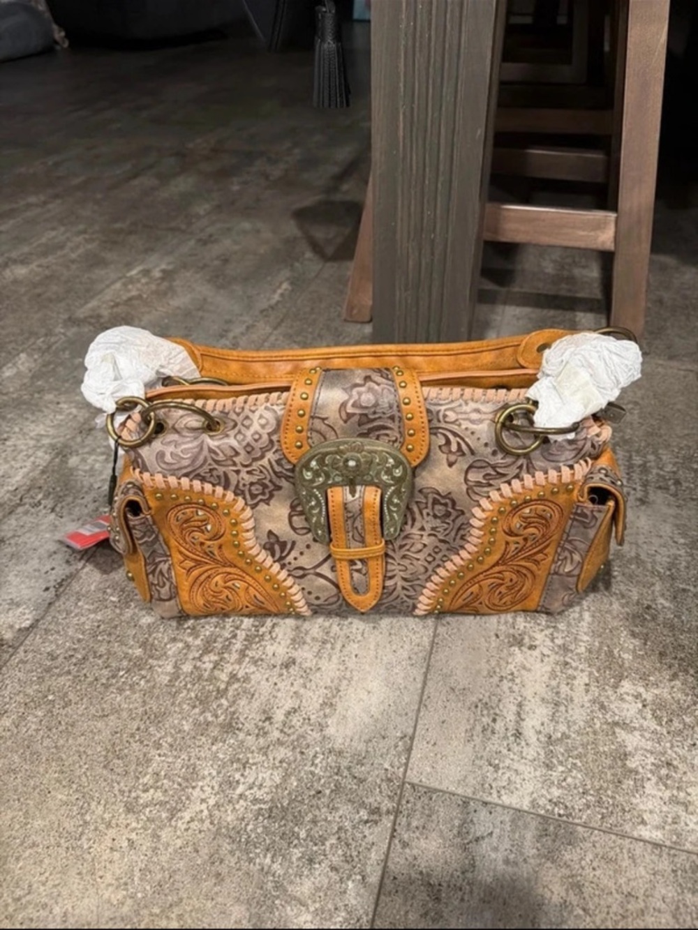 Tan and Beige Embossed Floral Montana West purse and wallet